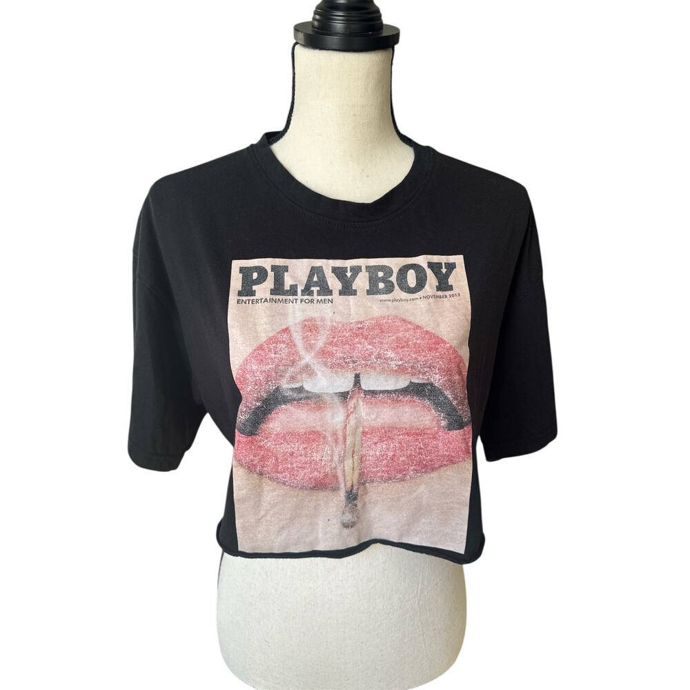 PLAYBOY X Missguided Black Crop Short Sleeve Top Oversized Women's Size 8 M/L‎